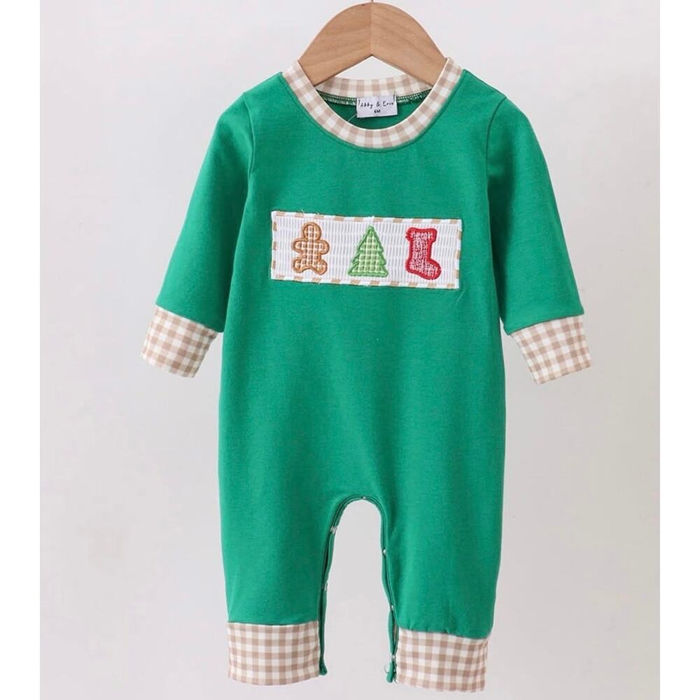 NEW Abby‎ & Evie Christmas Gingerbread Tree Stocking Green Romper 3M Boutique